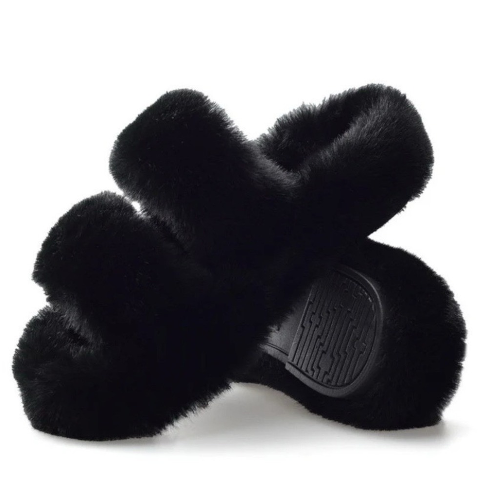 Black Faux Fur Slide Slippers Open Toe Cozy House Shoes Womens Size 5‎